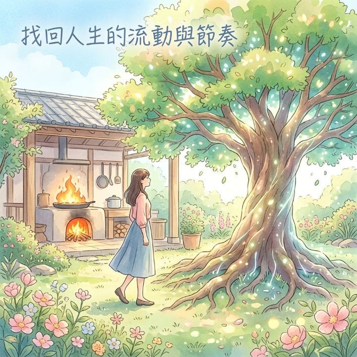 元辰宮調整後，象徵財運的爐灶火光溫暖，花園生命樹茂盛，找回人生的流動與節奏。