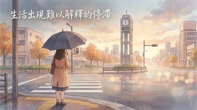 絲雨老師解析元辰是什麼：一位現代女性在雨中停滯，象徵生命能量卡住的狀態