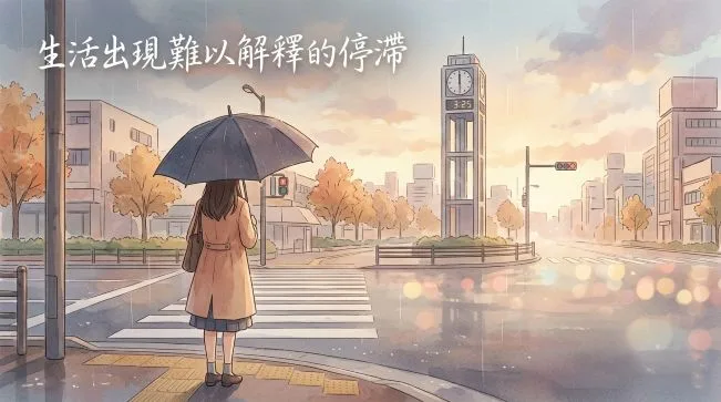 絲雨老師解析元辰是什麼：一位現代女性在雨中停滯，象徵生命能量卡住的狀態
